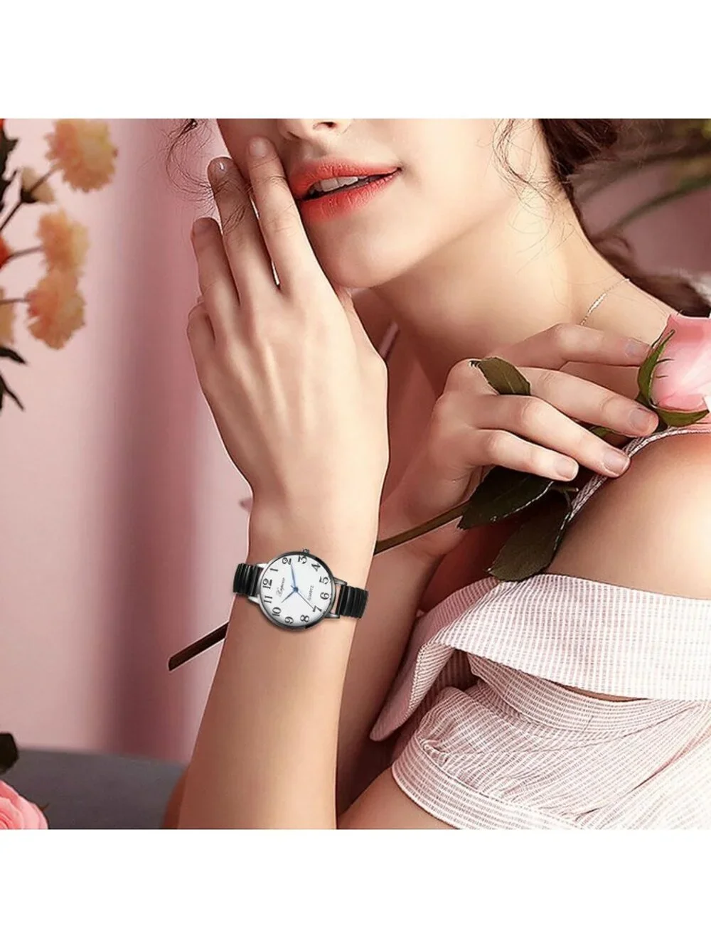 Women's Black Analog Quartz Small Numbers Easy Reader Stretch Band Wrist Watch